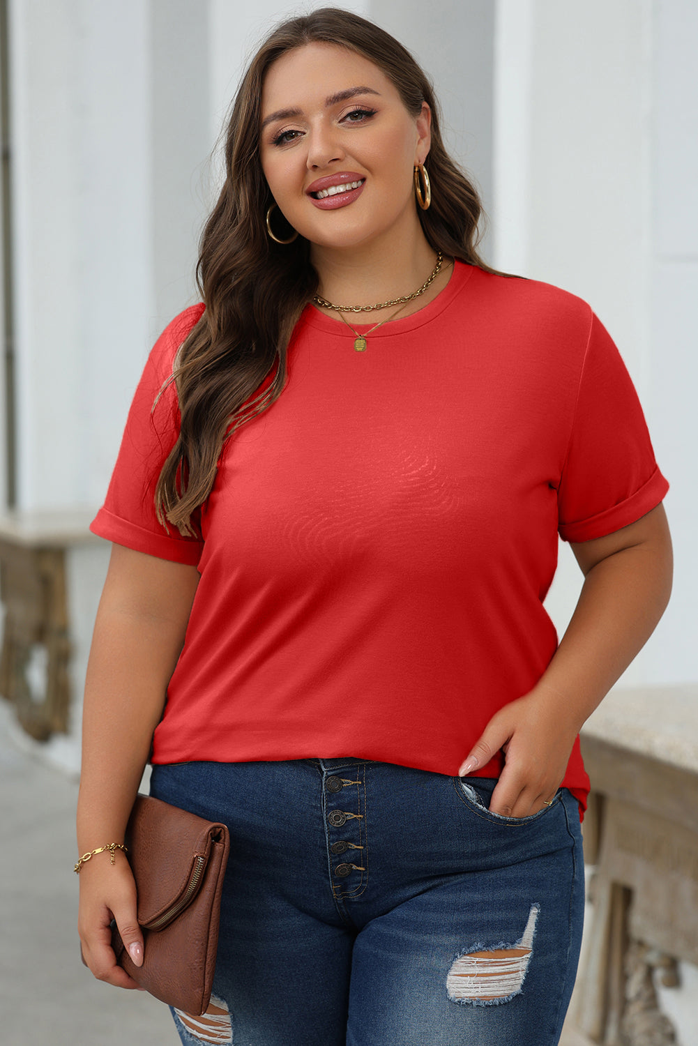 Red Casual Plain Crew Neck Tee