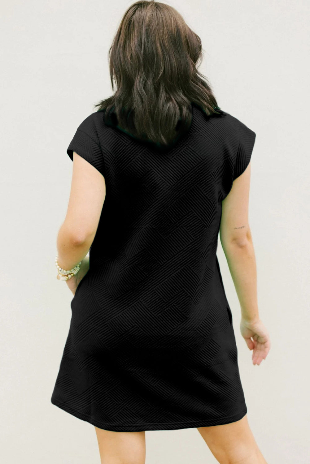 Black Textured Cap Sleeve T Shirt Dress