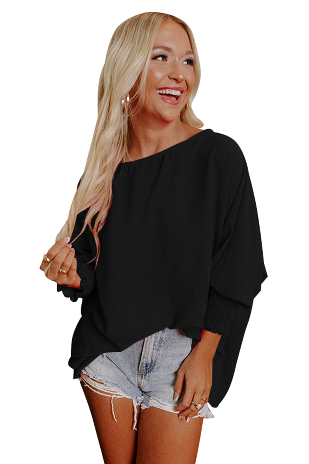 Black Smocked Wrist Shift Top