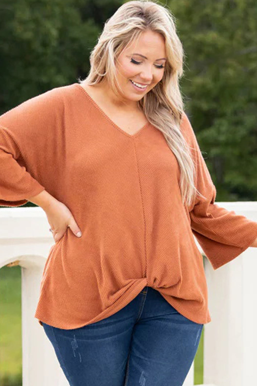 Gold Flame Plus Size Twist Hem Bracelet Sleeve Ribbed Top