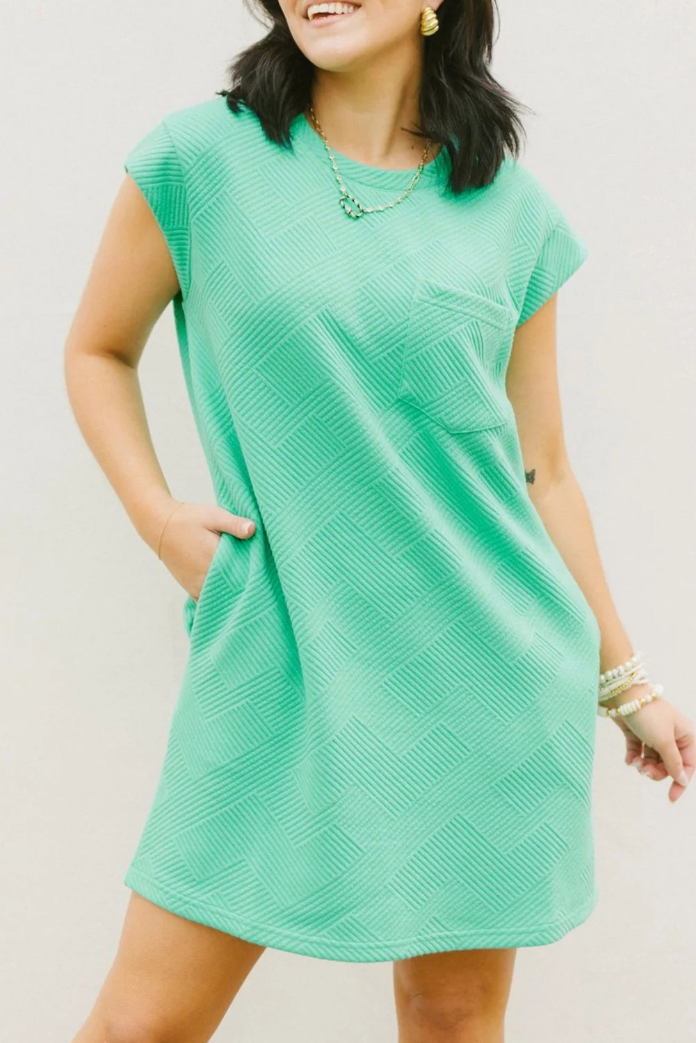 Mint Green Textured Cap Sleeve T Shirt Dress