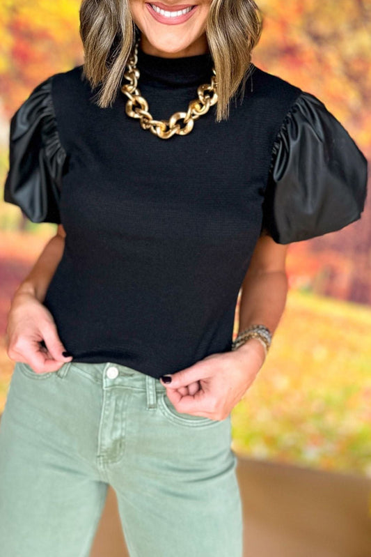 Black Faux Leather Puff Short Sleeve Mock Neck Top