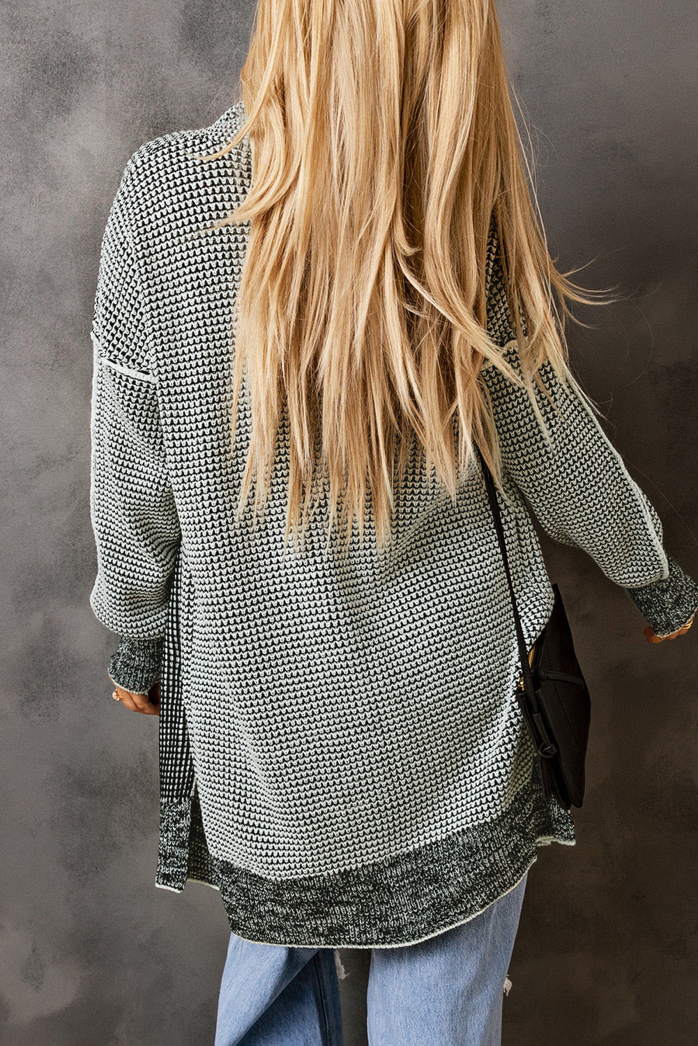 Gray Plaid Knitted Long Open Front Cardigan