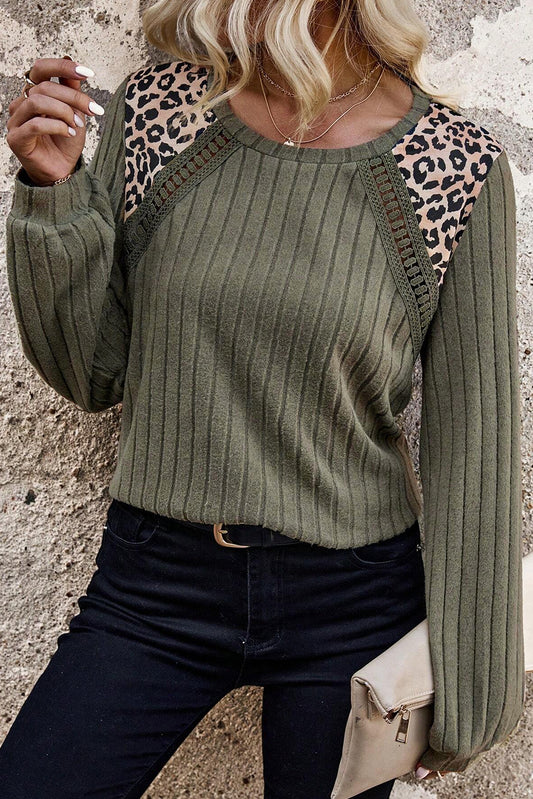 Moss Green Leopard Print Crochet Patchwork Rib Textured Knit Top