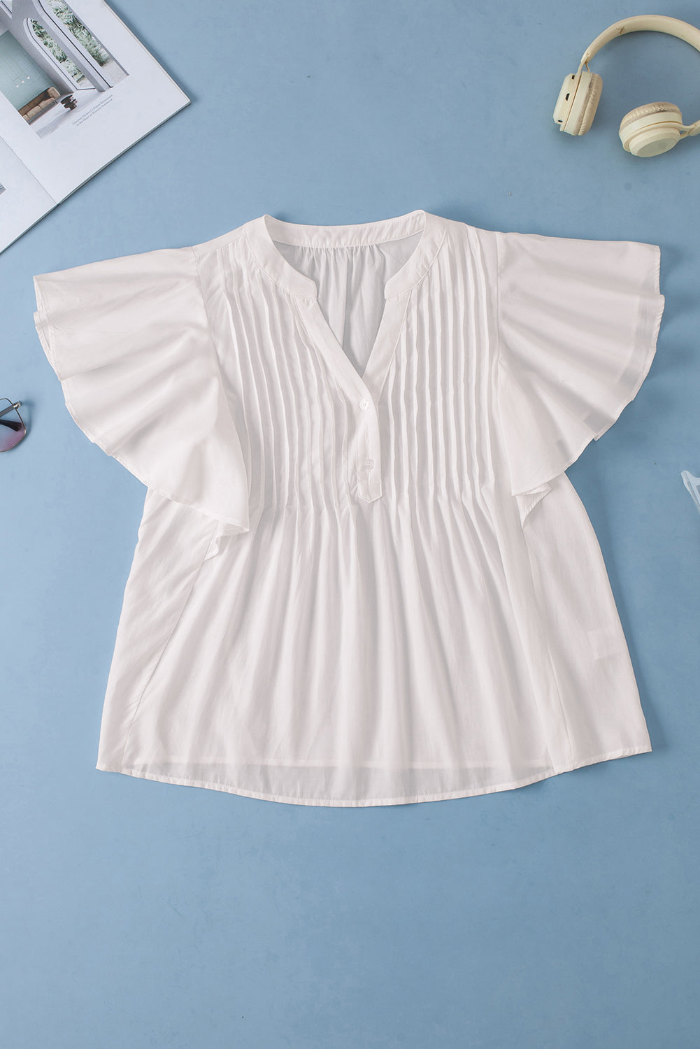 White V Neck Pleated Front Ruffled Sleeve Shirt