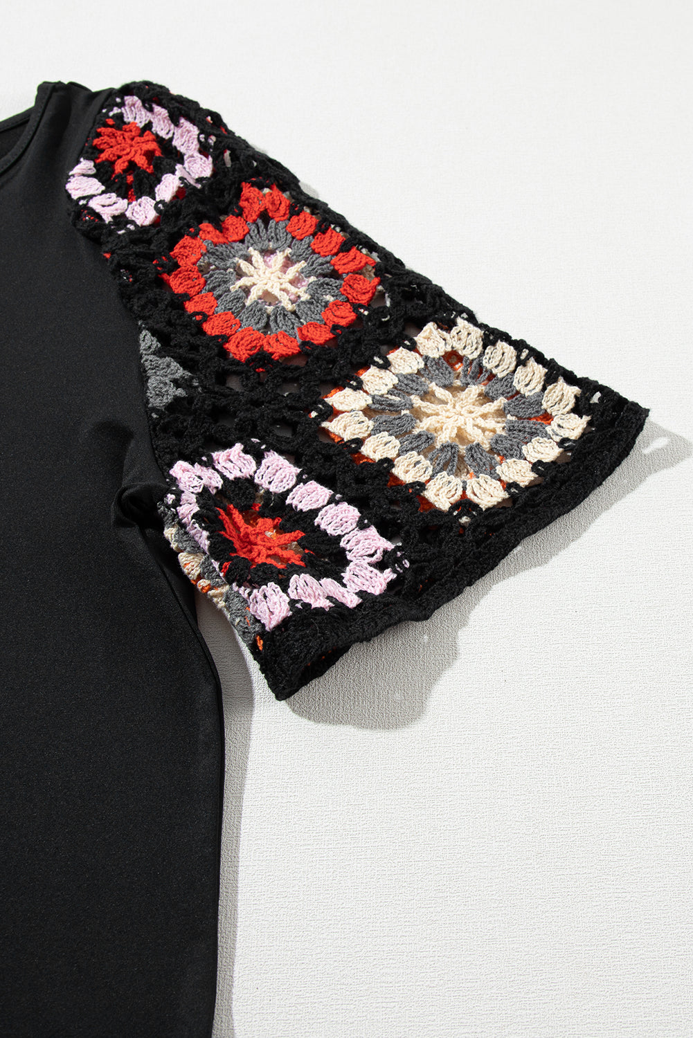 Black Floral Crochet Short Sleeve Top