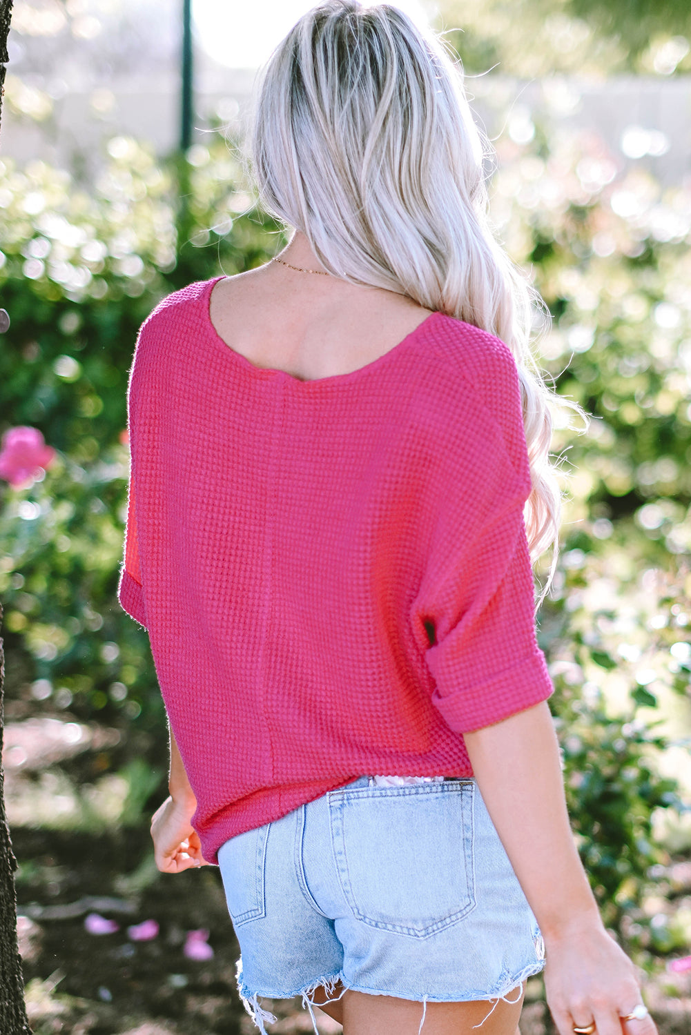 Strawberry Pink Textured Knit Split Neck Cuffed Short Sleeve Top