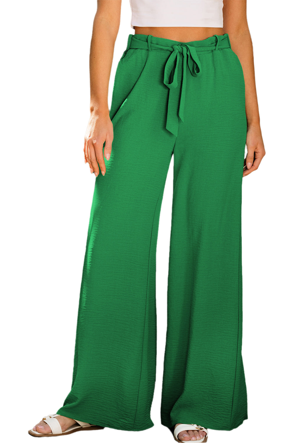 Bright Green High Waist Loops Belted Wide Leg Pants