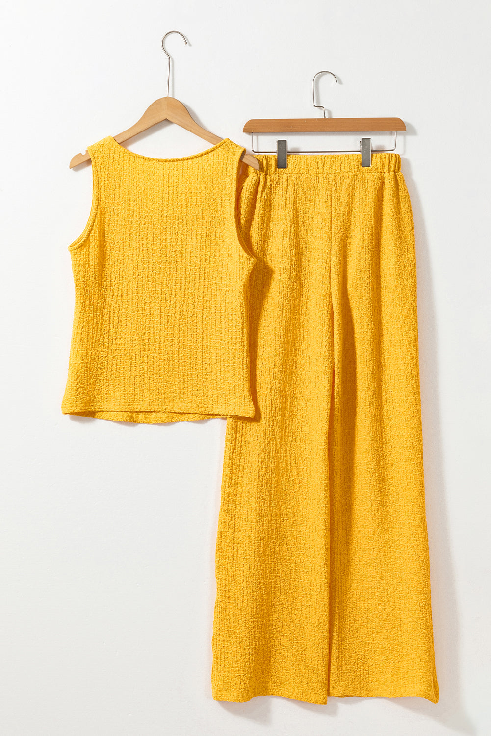 Yellow Crinkled U Neck Tank Top and Wide Leg Pants Set