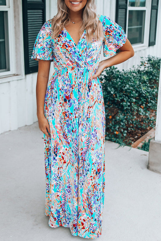 Green Wrap V Neck Floral Maxi Dress