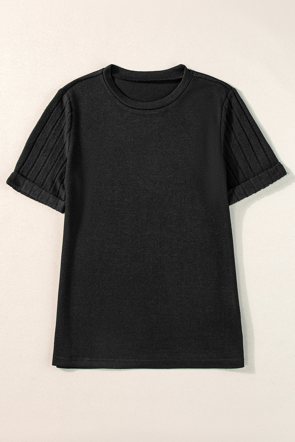 Black Ribbed Splicing Sleeve Round Neck T-shirt