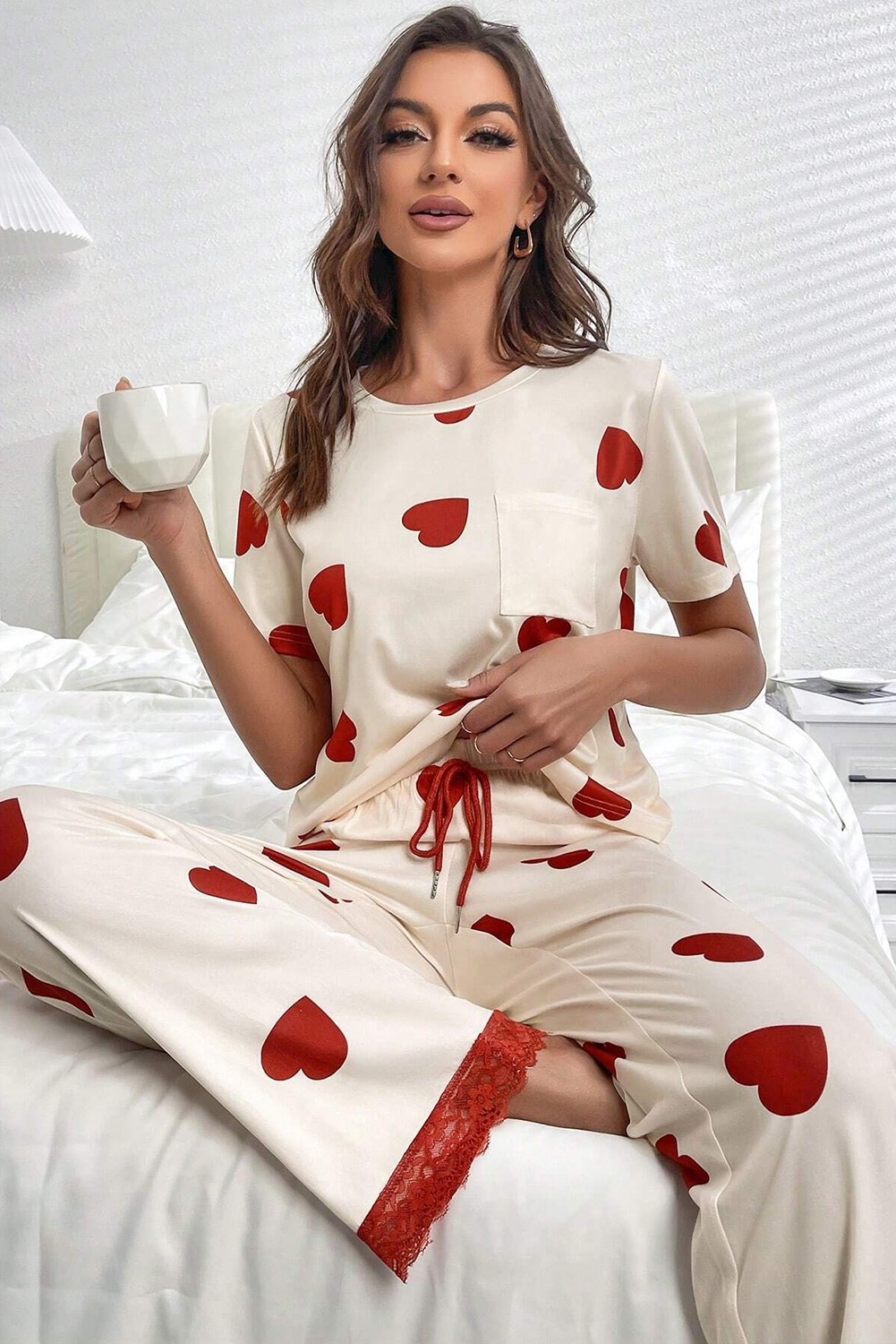 White Valentines Heart Print Lace Hem Tee Pants Pajama Set