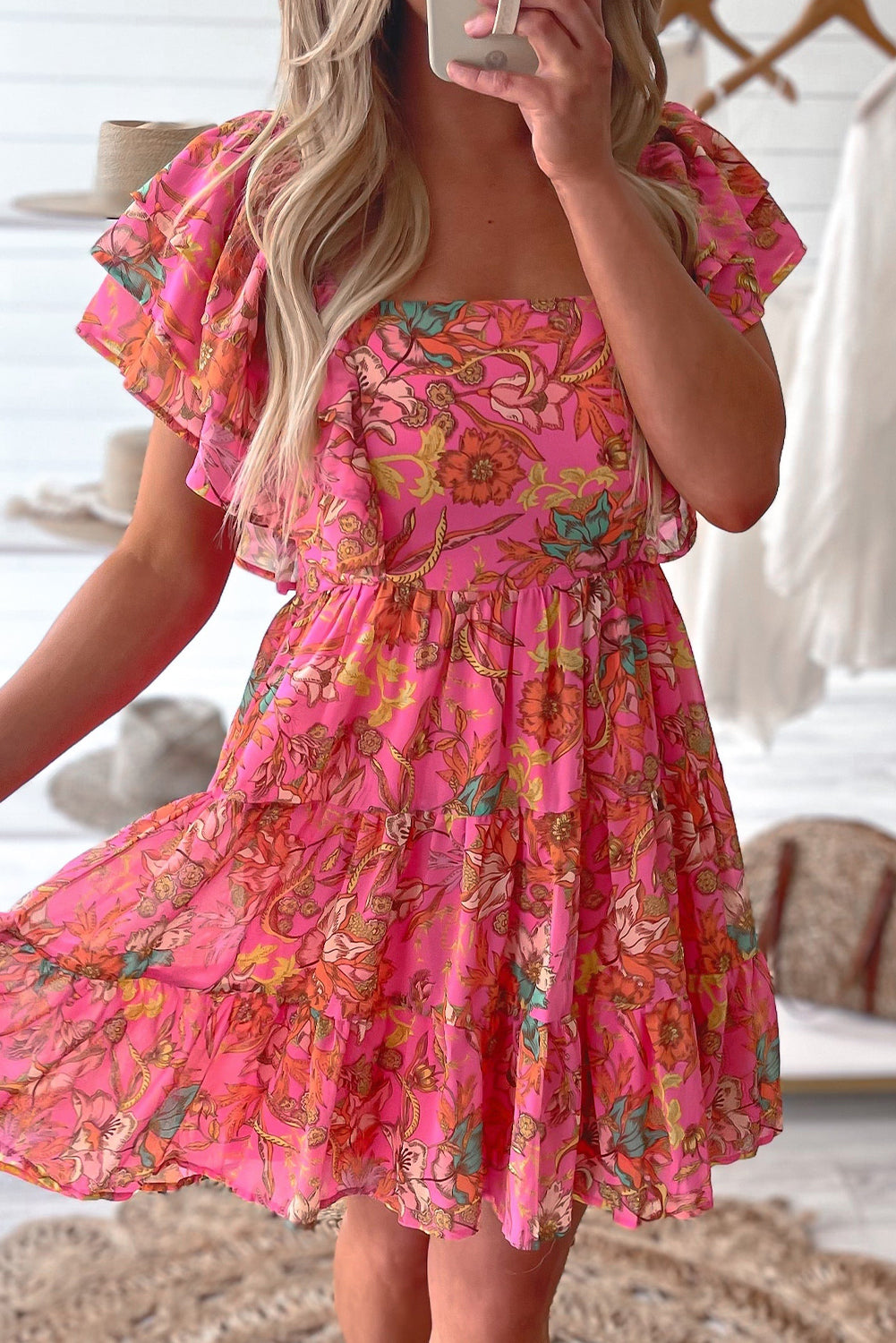 Pink Floral Square Neck Ruffle Sleeve Tiered Dress