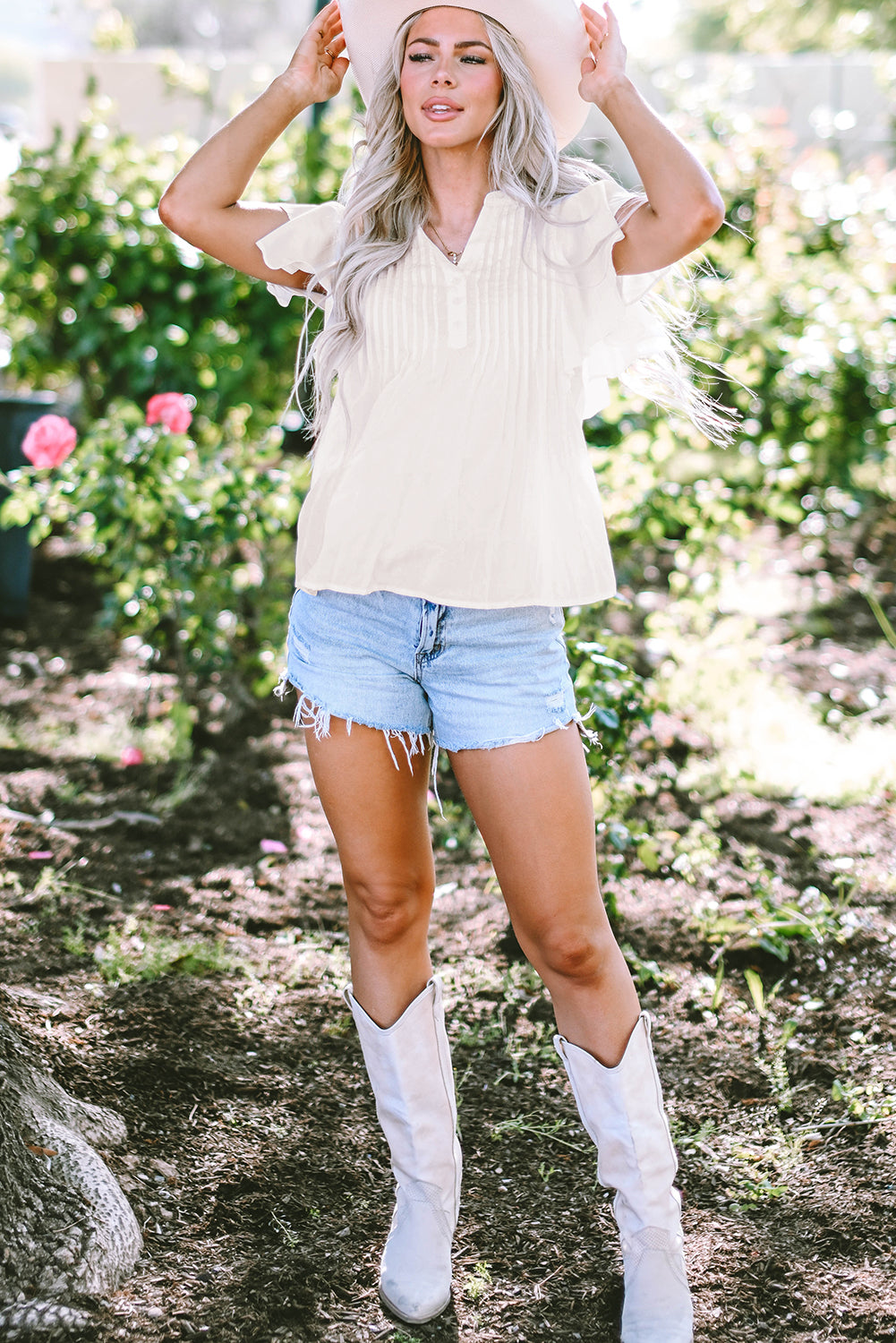 White V Neck Pleated Front Ruffled Sleeve Shirt