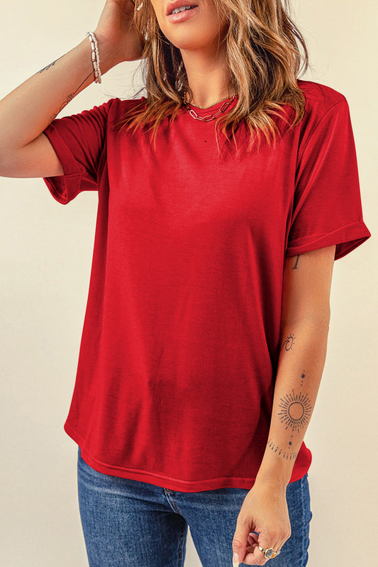 Red Casual Plain Crew Neck Tee