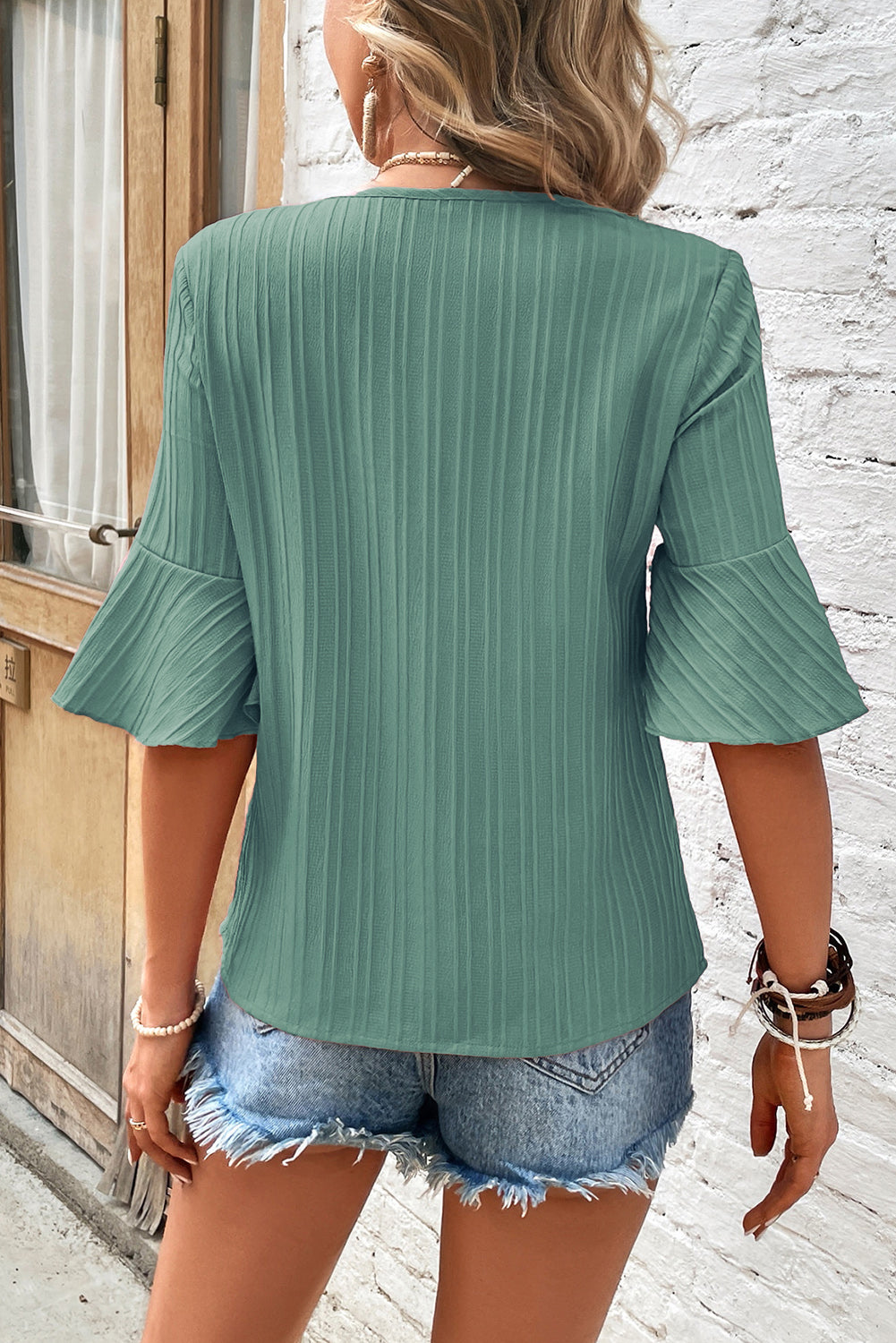 Grass Green Ruffled Half Sleeve V Neck Textured Top