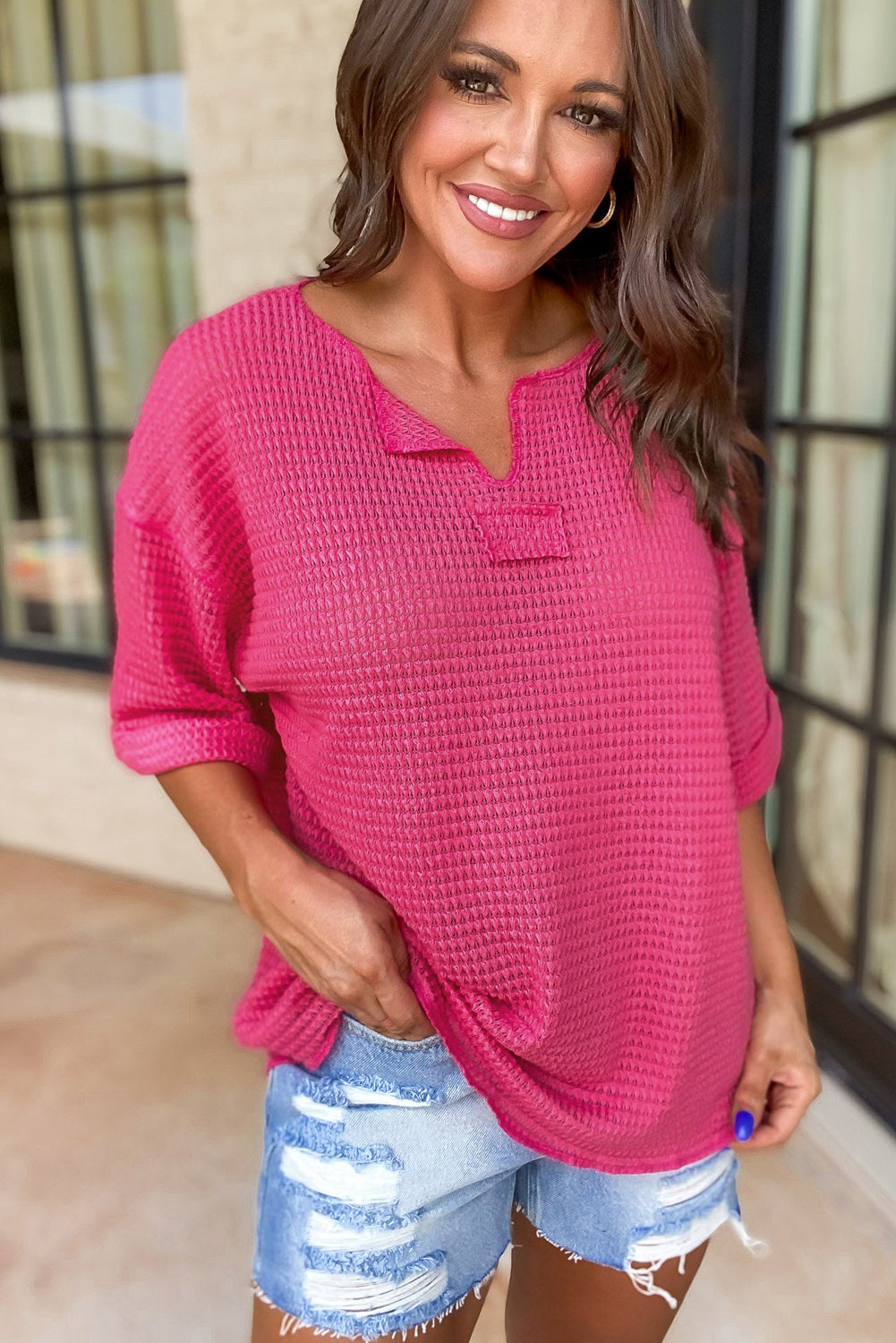 Strawberry Pink Textured Knit Split Neck Cuffed Short Sleeve Top