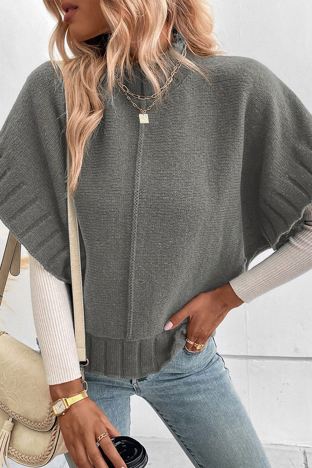 Medium Grey Mock Neck Batwing Short Sleeve Knit Sweater