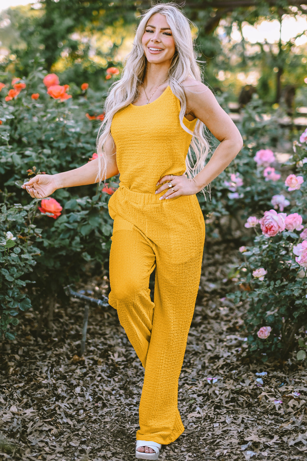 Yellow Crinkled U Neck Tank Top and Wide Leg Pants Set