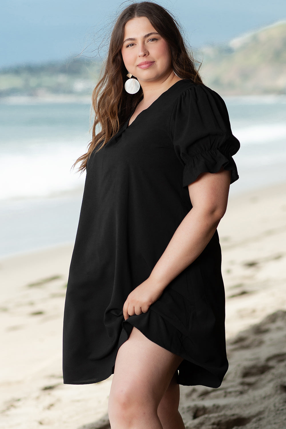 Black Solid Ruffled Puff Sleeve V Neck Plus Size Mini Dress