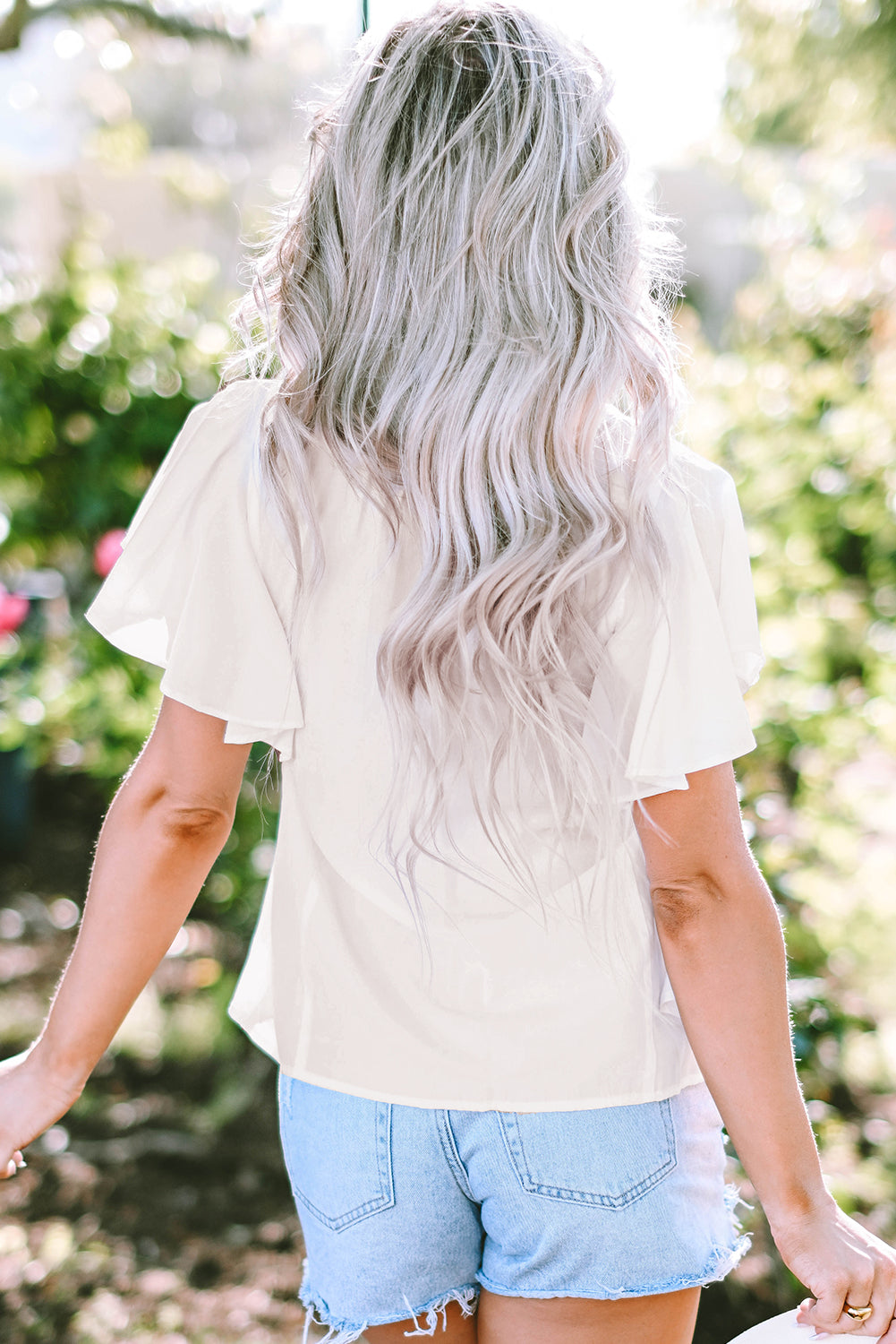 White V Neck Pleated Front Ruffled Sleeve Shirt