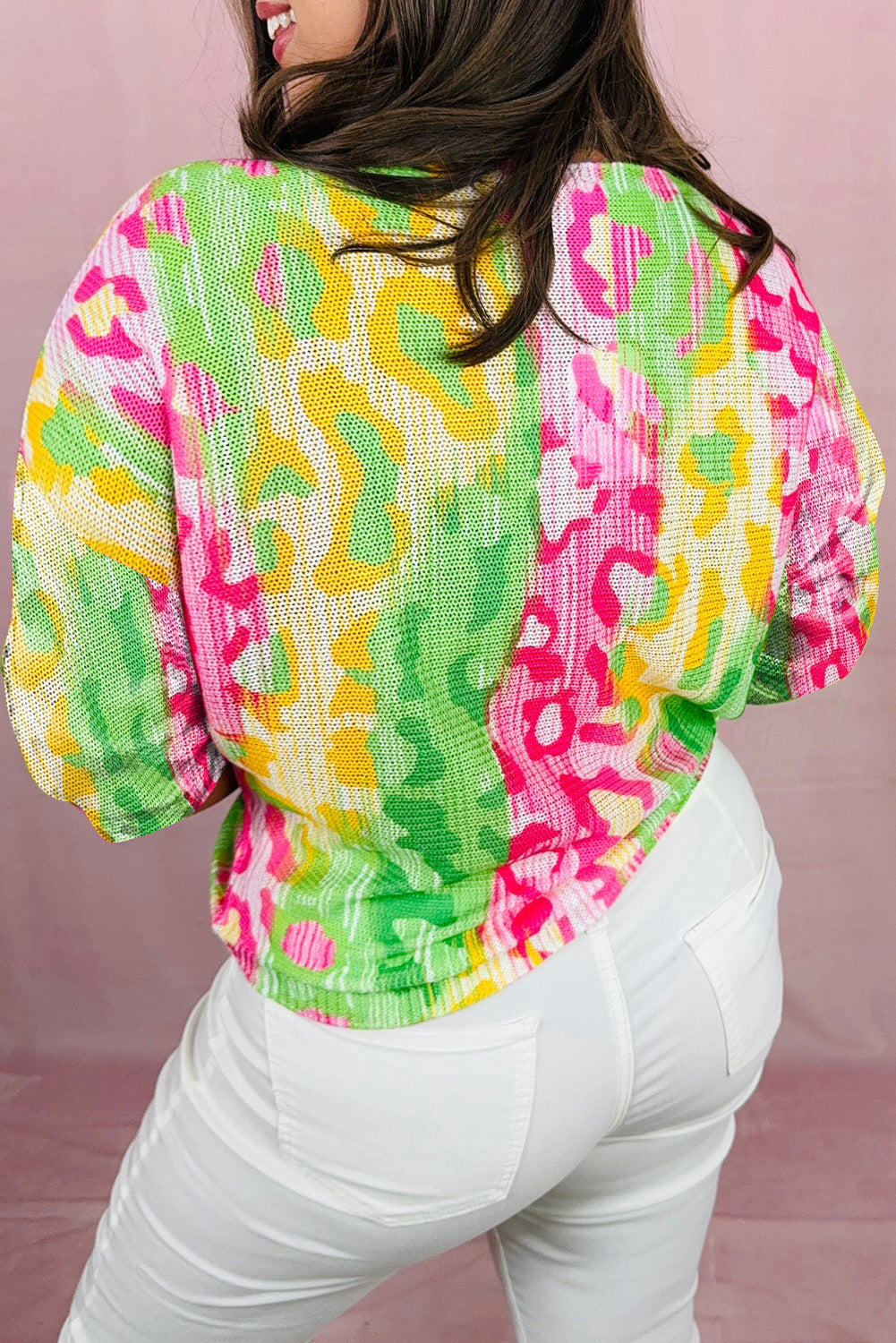 Multicolour Leopard Color Block Knitted Crewneck Plus Size T Shirt