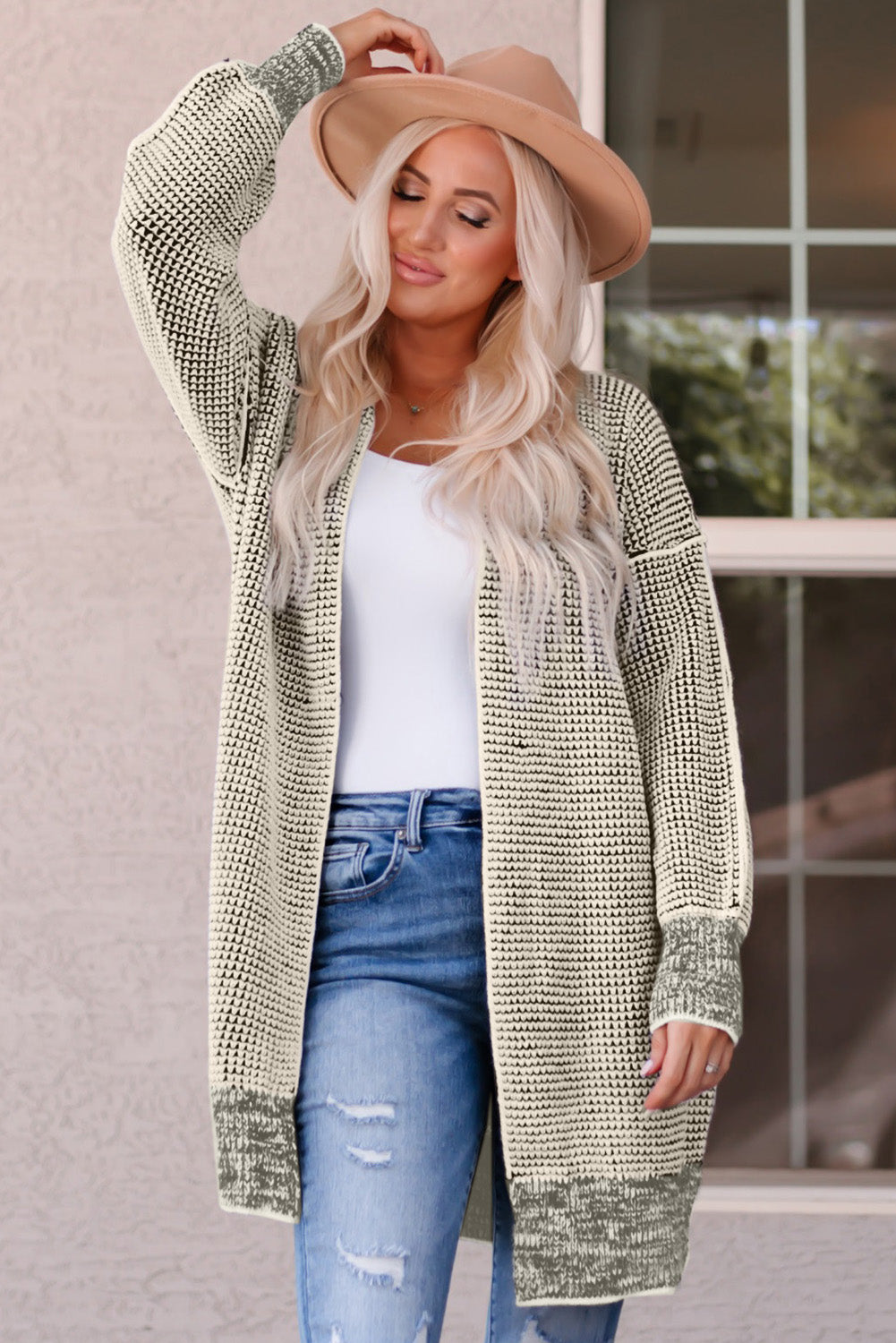 Apricot Plaid Knitted Long Open Front Cardigan