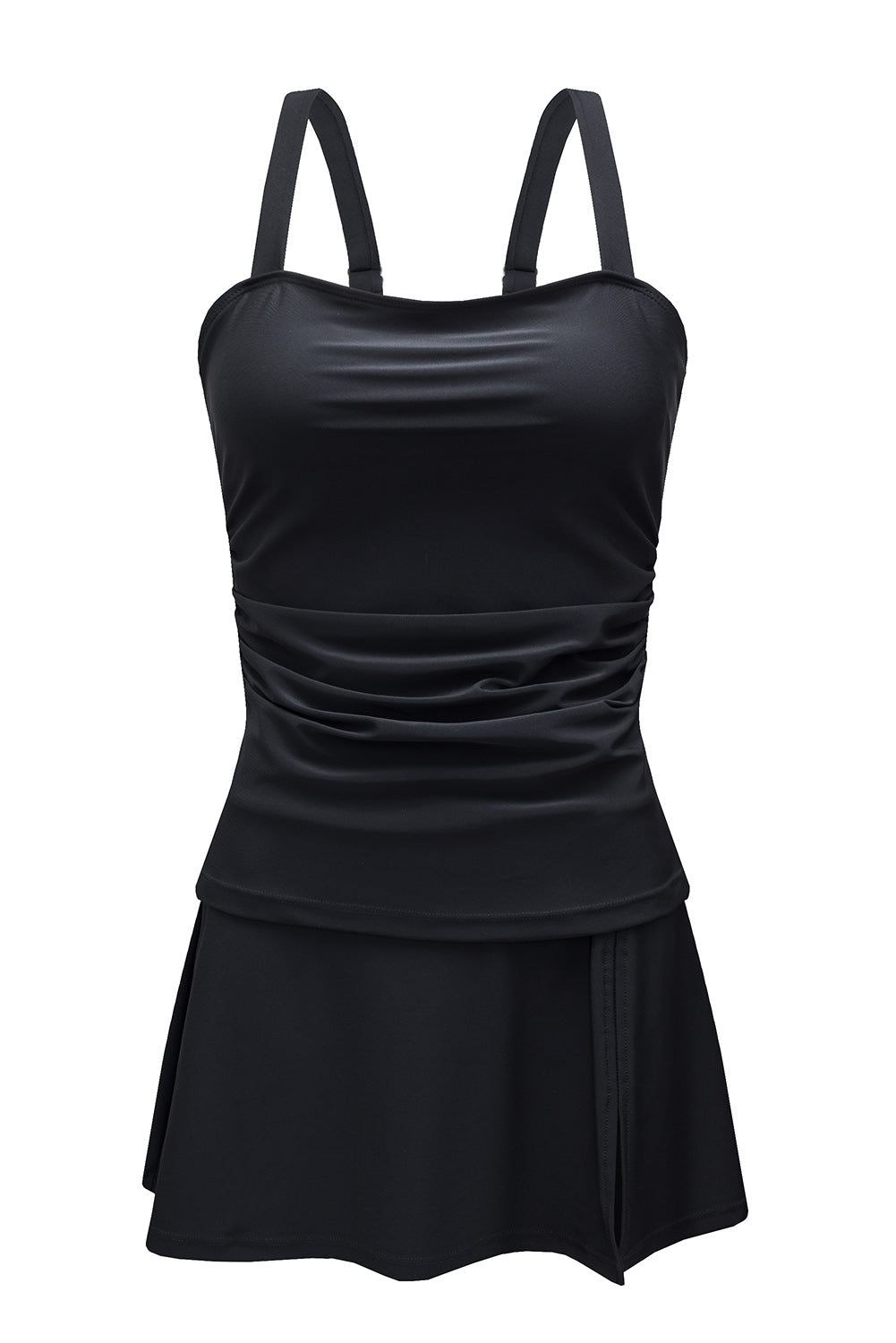 Black Solid Square Neck Sleeveless Tankini Swimsuit