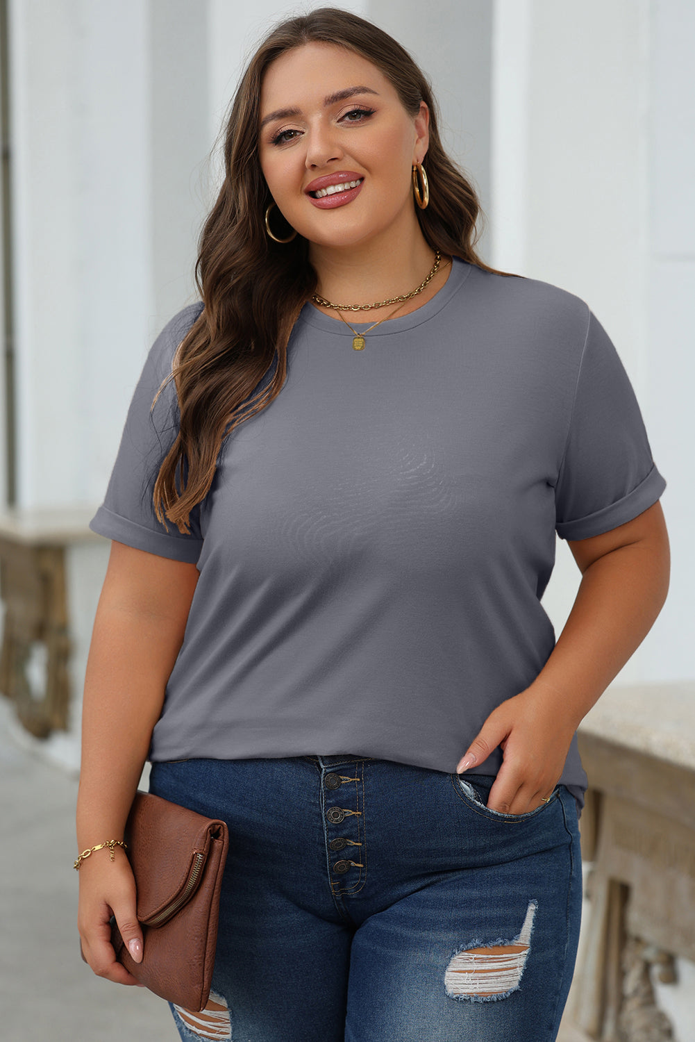 Gray Casual Plain Crew Neck Tee