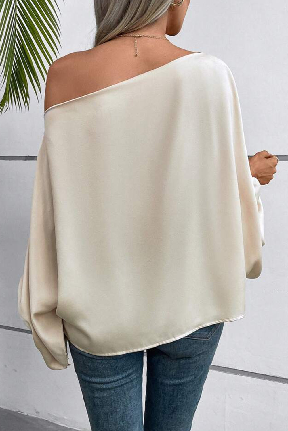 Apricot Asymmetrical Neck Balloon Sleeve Satin Blouse