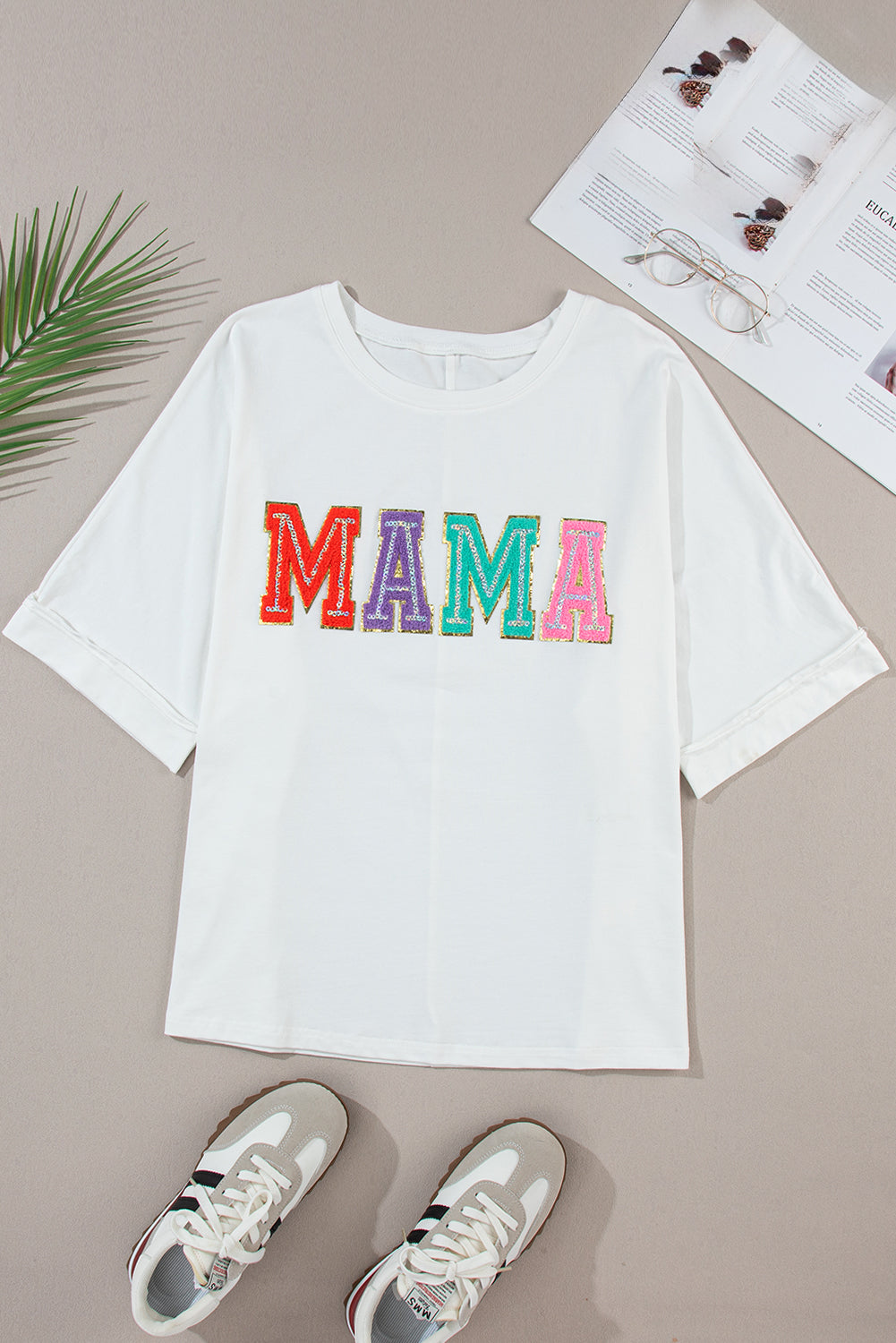 White MAMA Chenille Patched Crew Neck T Shirt