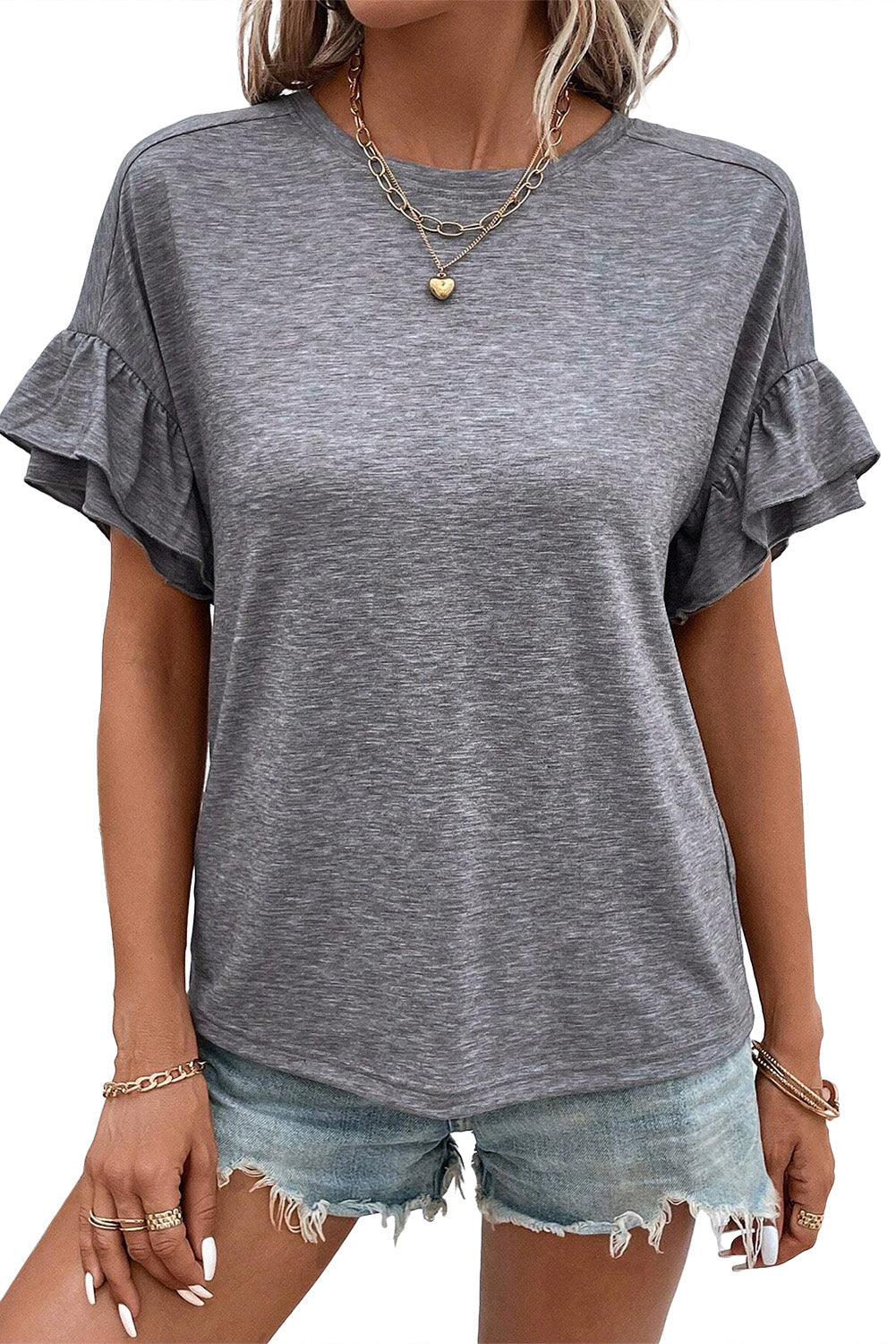 Medium Grey Tiered Ruffle Sleeve Crew Neck Drop Shoulder Top