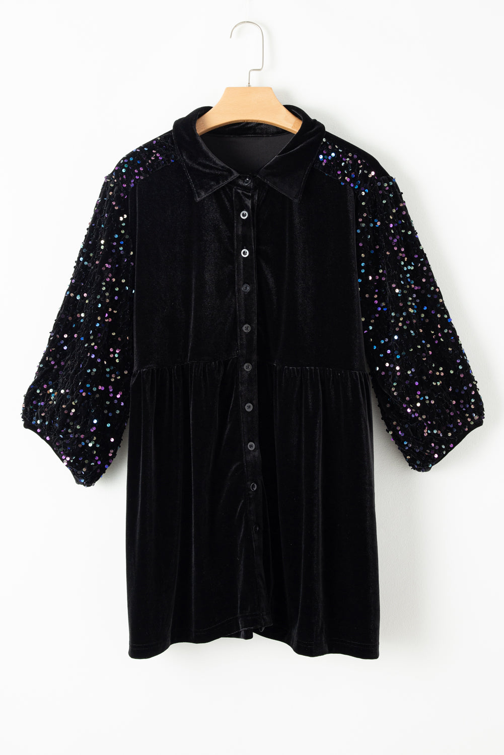 Black Sequin Puff Sleeve Buttoned Velvet Peplum Shirt