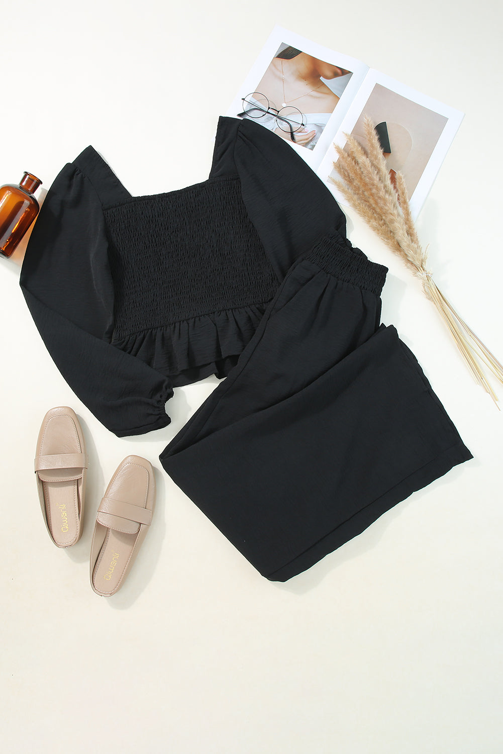 Black Square Neck Smocked Peplum Top and Pants Set